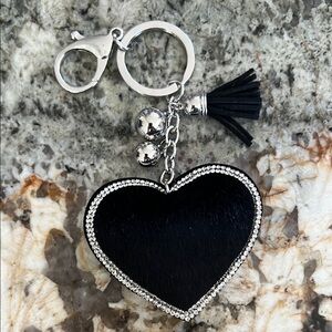 Bag Charm Key Chain Black and Silver with Heart Pendant and Tassel